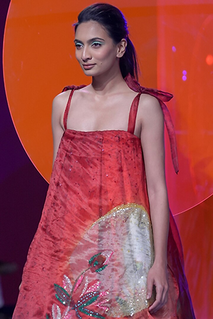 Cherry Red Silk Taffeta & Organza Printed Vacation Dress by SIDDHARTHA BANSAL at Pernia's Pop Up Shop