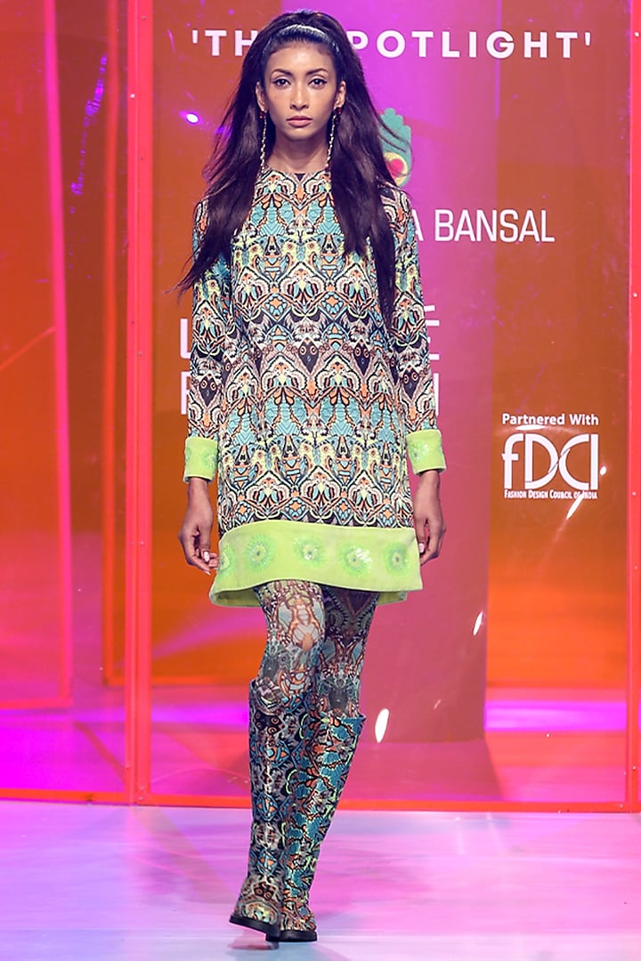 Multi-Colored Jacquard & Cotton Velvet A-line Dress by SIDDHARTHA BANSAL
