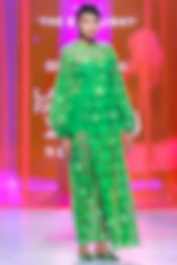 Parrot Green Weaving Fabric Embellished Maxi Dress by SIDDHARTHA BANSAL
