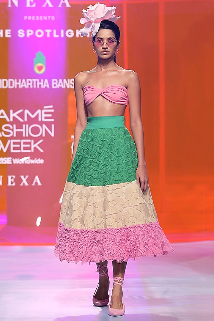 Multi-Colored Silk Taffeta & Cotton Lycra Embroidered Skirt Set by SIDDHARTHA BANSAL