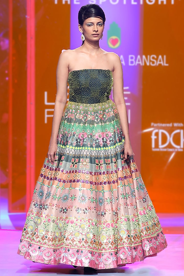Multi-Colored Dupion Embroidered Gown by SIDDHARTHA BANSAL