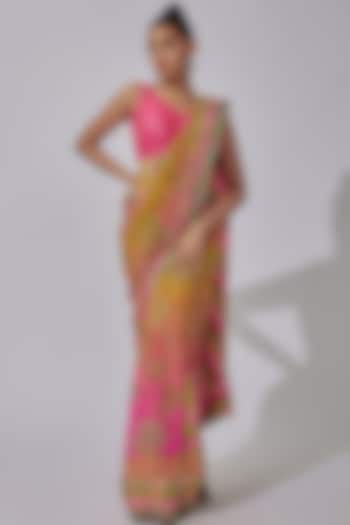 Sunset Orange Pure Crepe Hand Embroidered & Printed Wedding Saree Set by SIDDHARTHA BANSAL at Pernia's Pop Up Shop