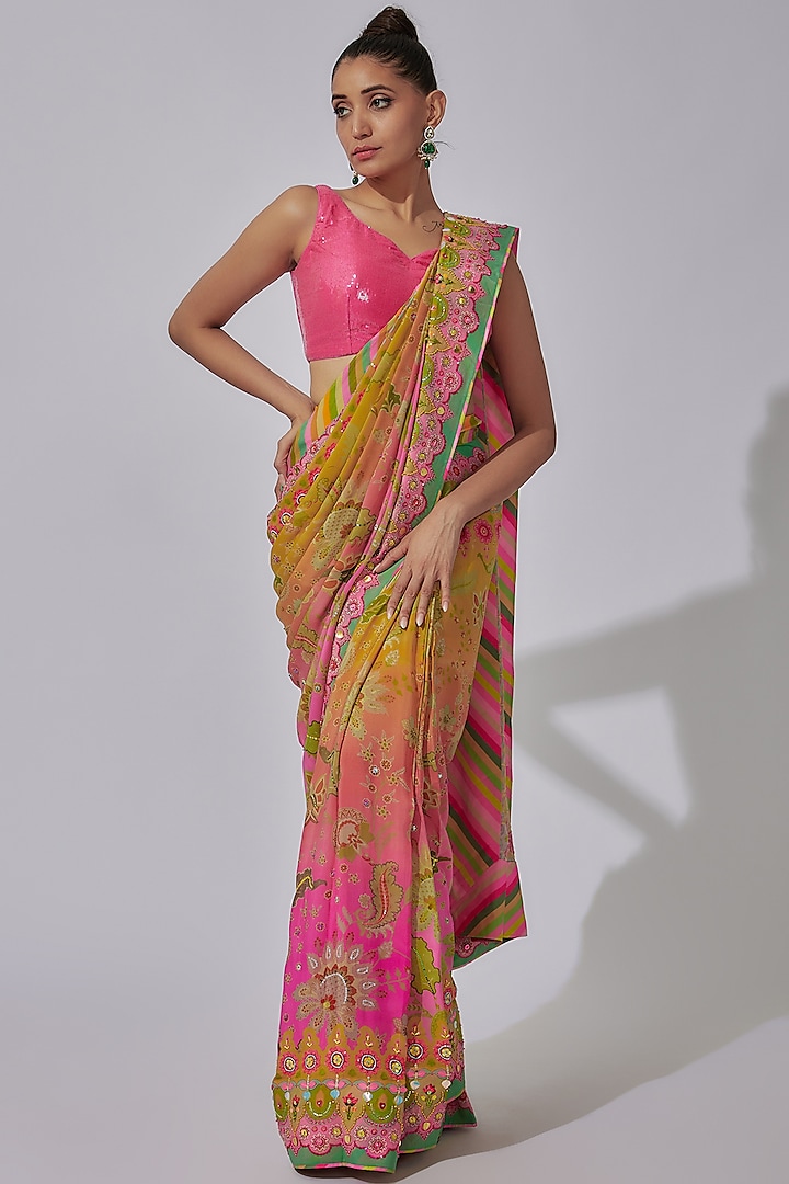 Sunset Orange Pure Crepe Hand Embroidered & Printed Wedding Saree Set by SIDDHARTHA BANSAL at Pernia's Pop Up Shop