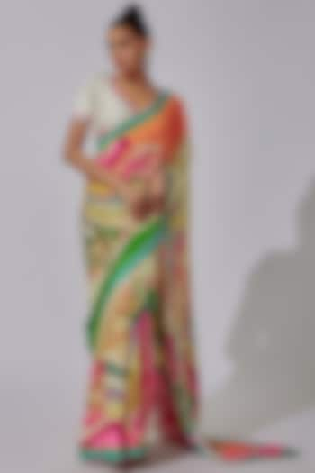 Multi-Colored Pure Crepe Hand Embroidered & Printed Saree Set by SIDDHARTHA BANSAL at Pernia's Pop Up Shop