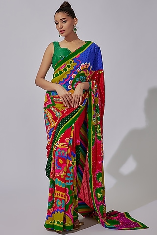 Red Pure Crepe & Georgette Paisley Printed Saree Set by SIDDHARTHA BANSAL