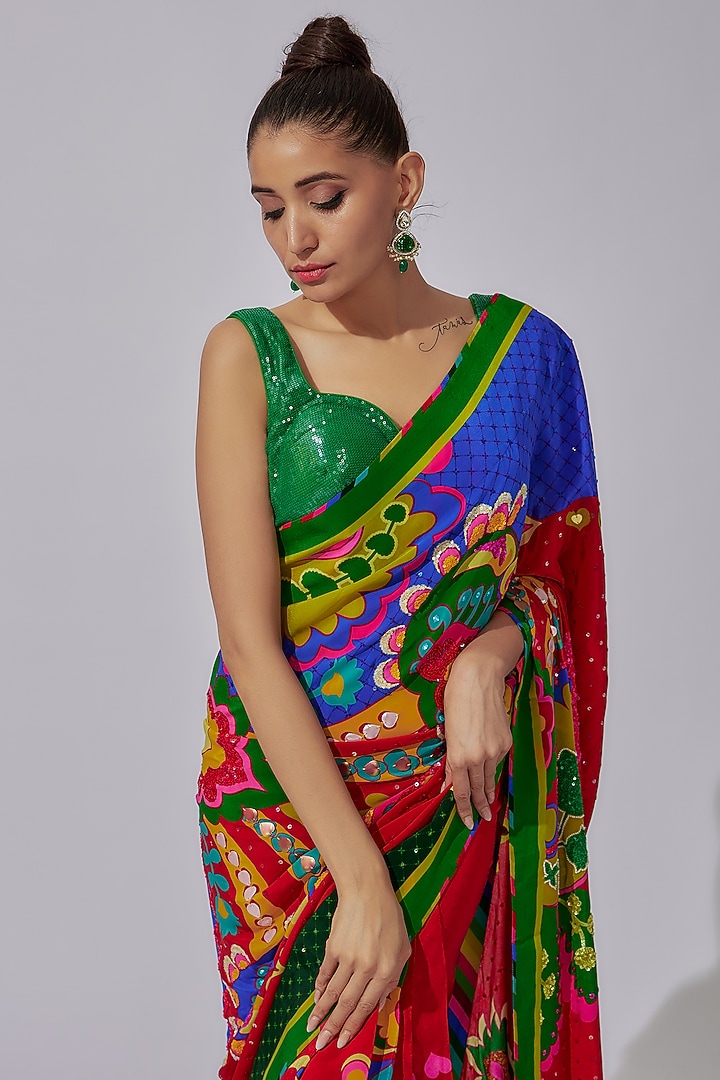 Red Pure Crepe & Georgette Paisley Printed Wedding Saree Set by SIDDHARTHA BANSAL at Pernia's Pop Up Shop
