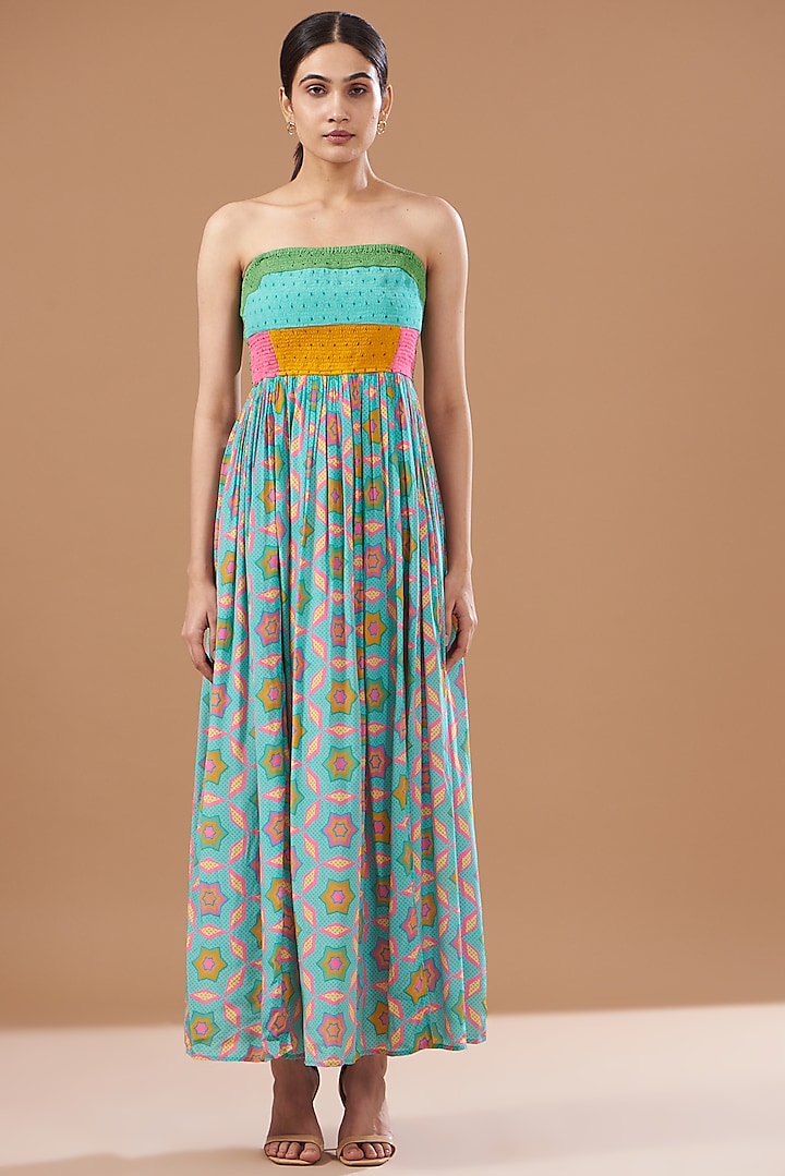 Multi-Colored Cotton Linen Printed Midi Dress by SIDDHARTHA BANSAL
