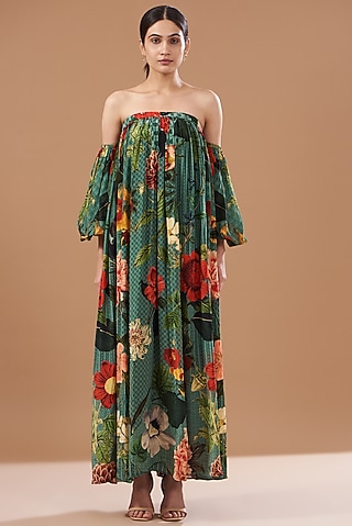 Black Cotton Linen Printed Off-Shoulder Dress by SIDDHARTHA BANSAL