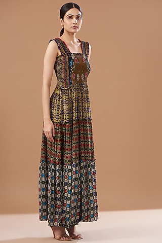 Black Cotton Linen Printed Tiered Maxi Dress by SIDDHARTHA BANSAL