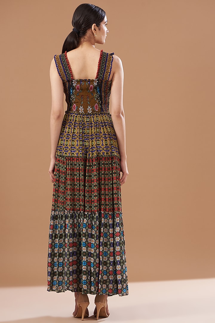 Black Cotton Linen Printed Tiered Maxi Vacation Dress by SIDDHARTHA BANSAL at Pernia's Pop Up Shop