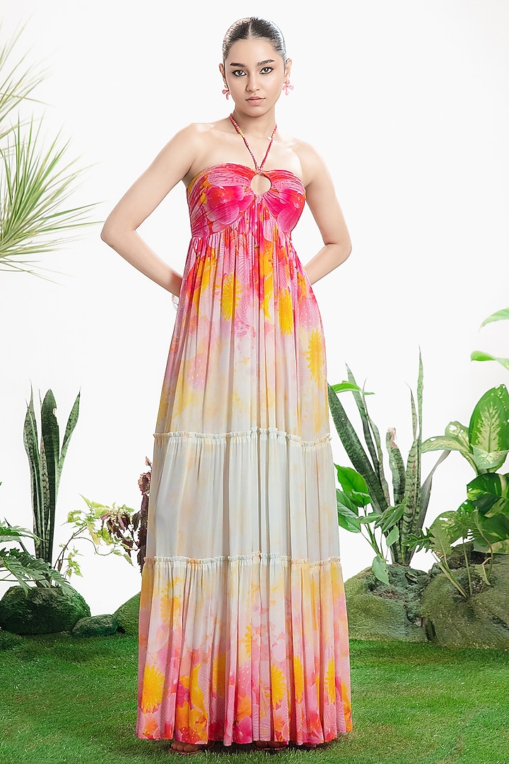 Ivory Crepe Printed Strapless Vacation Dress by SIDDHARTHA BANSAL at Pernia's Pop Up Shop