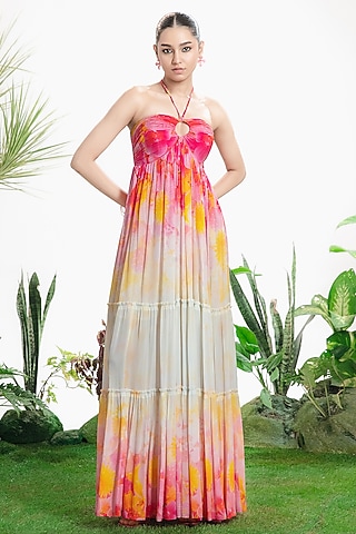 Ivory Crepe Printed Strapless Dress by SIDDHARTHA BANSAL