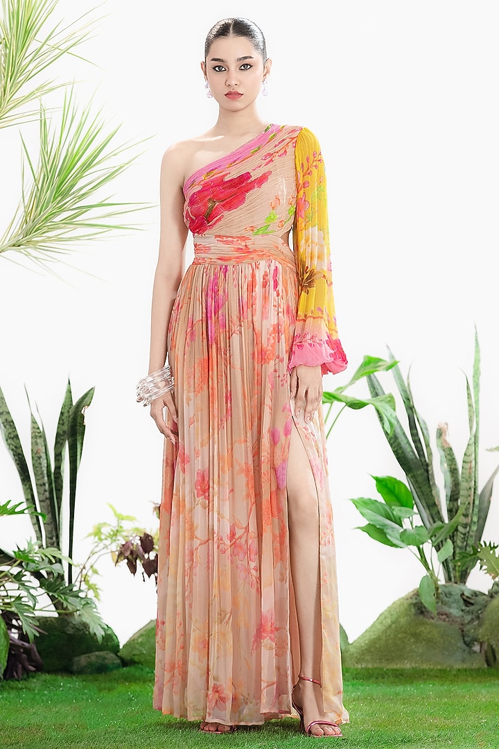 Blush Pink Chiffon One-Shoulder Draped Vacation Dress by SIDDHARTHA BANSAL at Pernia's Pop Up Shop