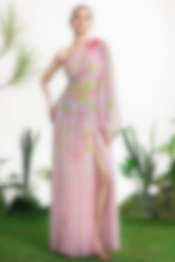 Multi-Colored Chiffon One-Shoulder Draped Vacation Dress by SIDDHARTHA BANSAL at Pernia's Pop Up Shop