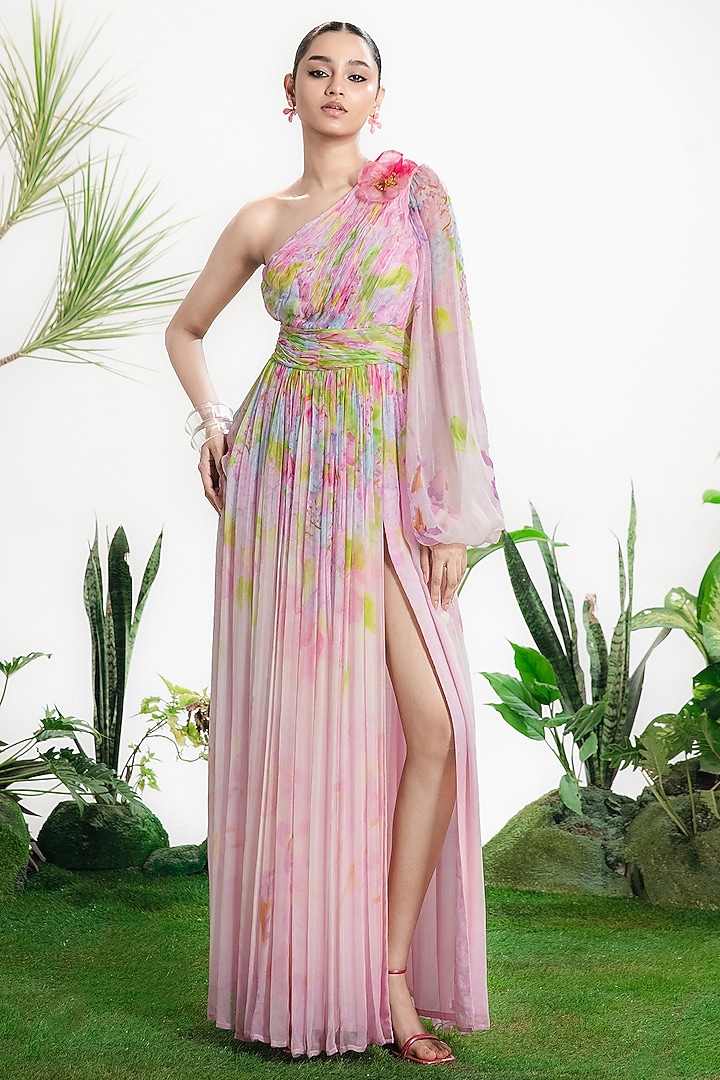 Multi-Colored Chiffon One-Shoulder Draped Vacation Dress by SIDDHARTHA BANSAL at Pernia's Pop Up Shop