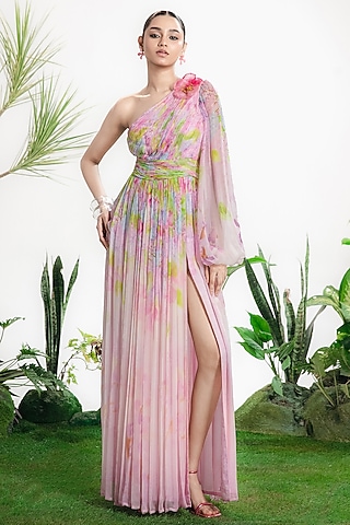 Multi-Colored Chiffon One-Shoulder Draped Dress by SIDDHARTHA BANSAL