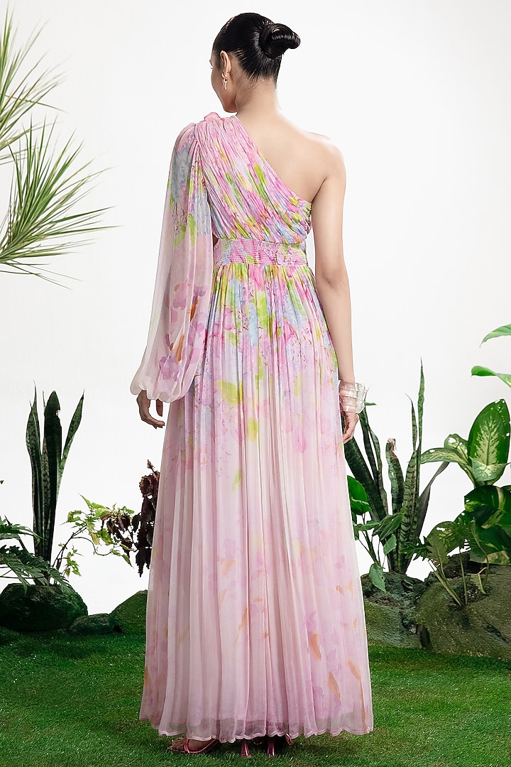 Multi-Colored Chiffon One-Shoulder Draped Vacation Dress by SIDDHARTHA BANSAL at Pernia's Pop Up Shop