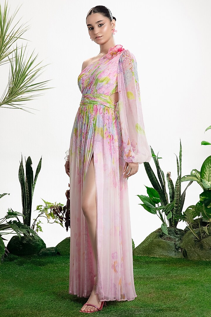 Multi-Colored Chiffon One-Shoulder Draped Vacation Dress by SIDDHARTHA BANSAL at Pernia's Pop Up Shop