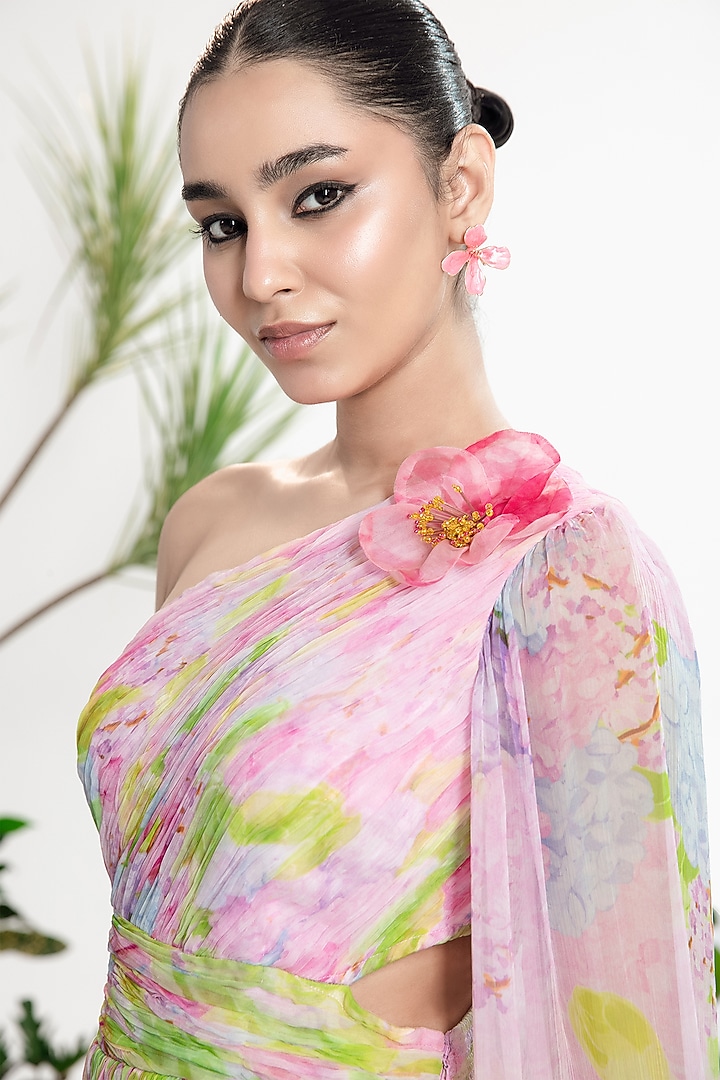 Multi-Colored Chiffon One-Shoulder Draped Vacation Dress by SIDDHARTHA BANSAL at Pernia's Pop Up Shop