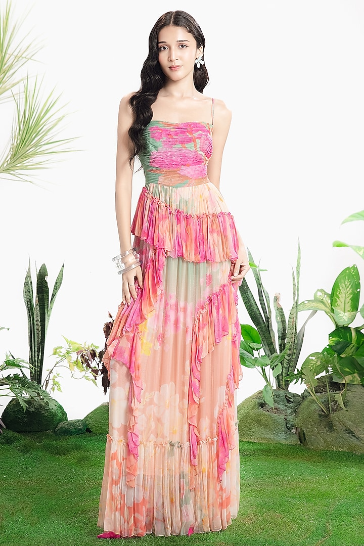Blush Pink Chiffon Floral Printed Ruffled Maxi Vacation Dress by SIDDHARTHA BANSAL at Pernia's Pop Up Shop
