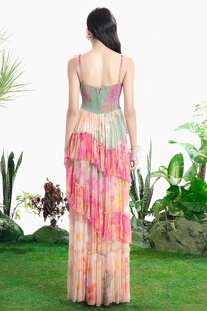 Blush Pink Chiffon Floral Printed Ruffled Maxi Vacation Dress by SIDDHARTHA BANSAL at Pernia's Pop Up Shop