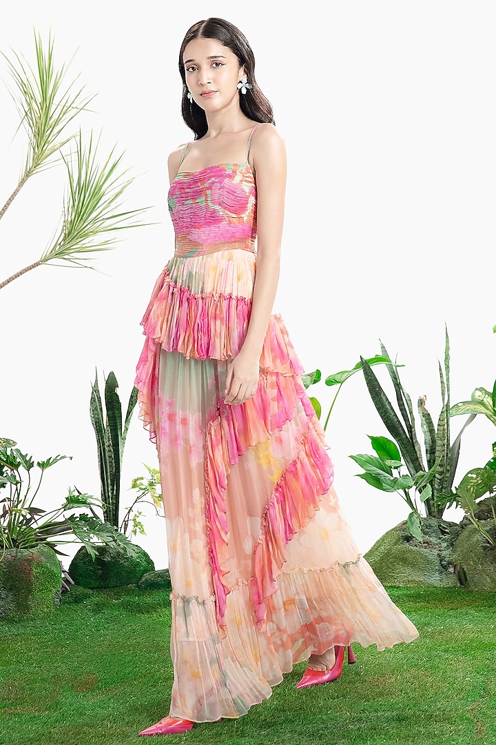 Blush Pink Chiffon Floral Printed Ruffled Maxi Vacation Dress by SIDDHARTHA BANSAL at Pernia's Pop Up Shop