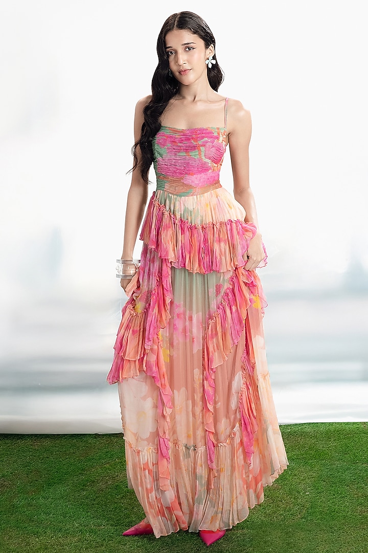 Blush Pink Chiffon Floral Printed Ruffled Maxi Vacation Dress by SIDDHARTHA BANSAL at Pernia's Pop Up Shop