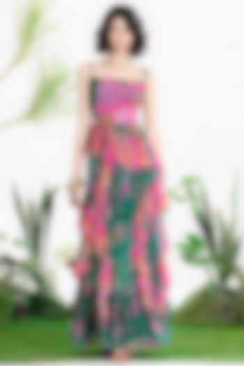 Teal Green Chiffon Floral Printed Ruffled Maxi Vacation Dress by SIDDHARTHA BANSAL at Pernia's Pop Up Shop
