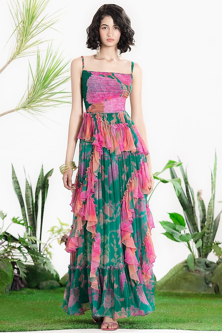 Teal Green Chiffon Floral Printed Ruffled Maxi Vacation Dress by SIDDHARTHA BANSAL at Pernia's Pop Up Shop