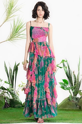 Teal Green Chiffon Floral Printed Ruffled Maxi Dress by SIDDHARTHA BANSAL