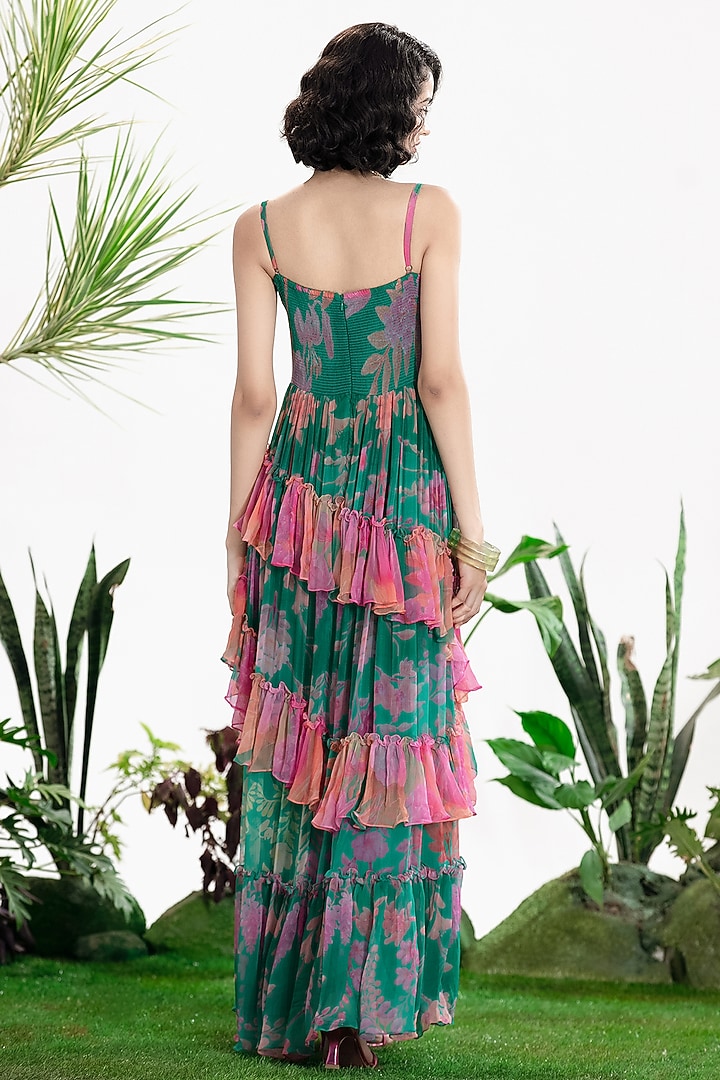Teal Green Chiffon Floral Printed Ruffled Maxi Vacation Dress by SIDDHARTHA BANSAL at Pernia's Pop Up Shop