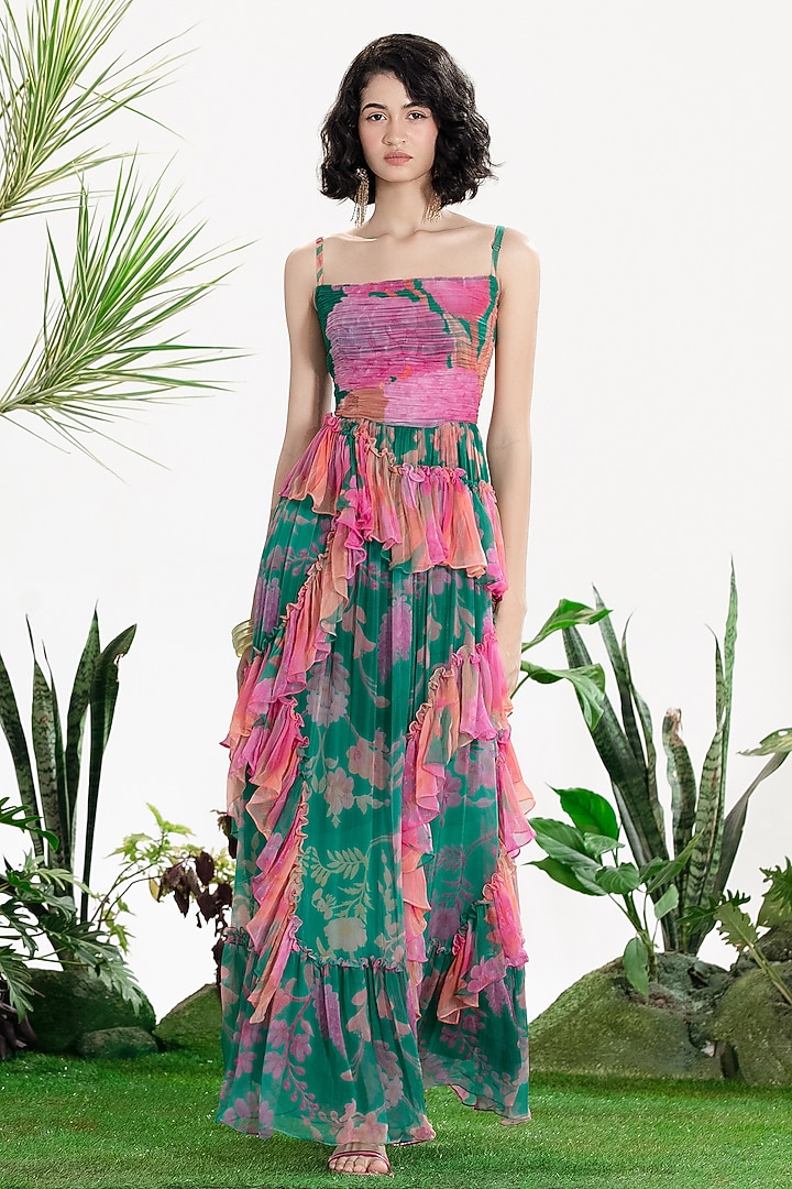 Teal Green Chiffon Floral Printed Ruffled Maxi Vacation Dress by SIDDHARTHA BANSAL at Pernia's Pop Up Shop