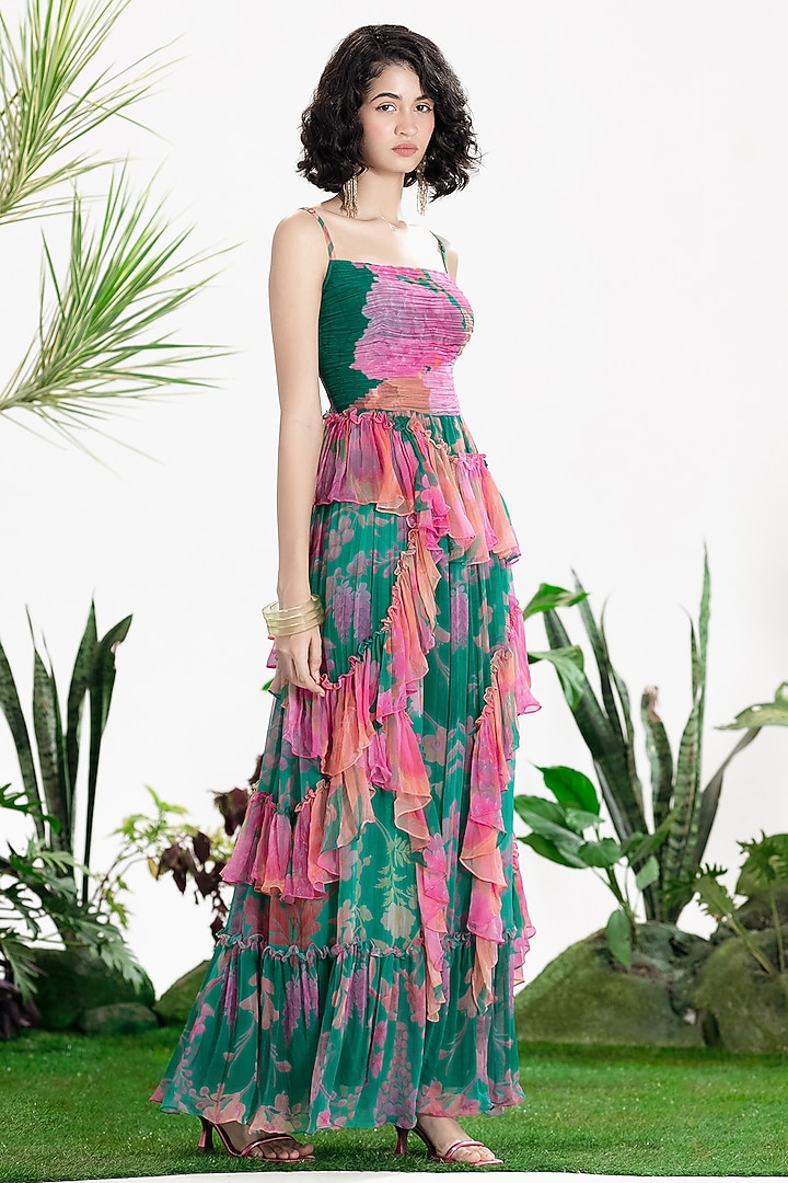 Teal Green Chiffon Floral Printed Ruffled Maxi Vacation Dress by SIDDHARTHA BANSAL at Pernia's Pop Up Shop