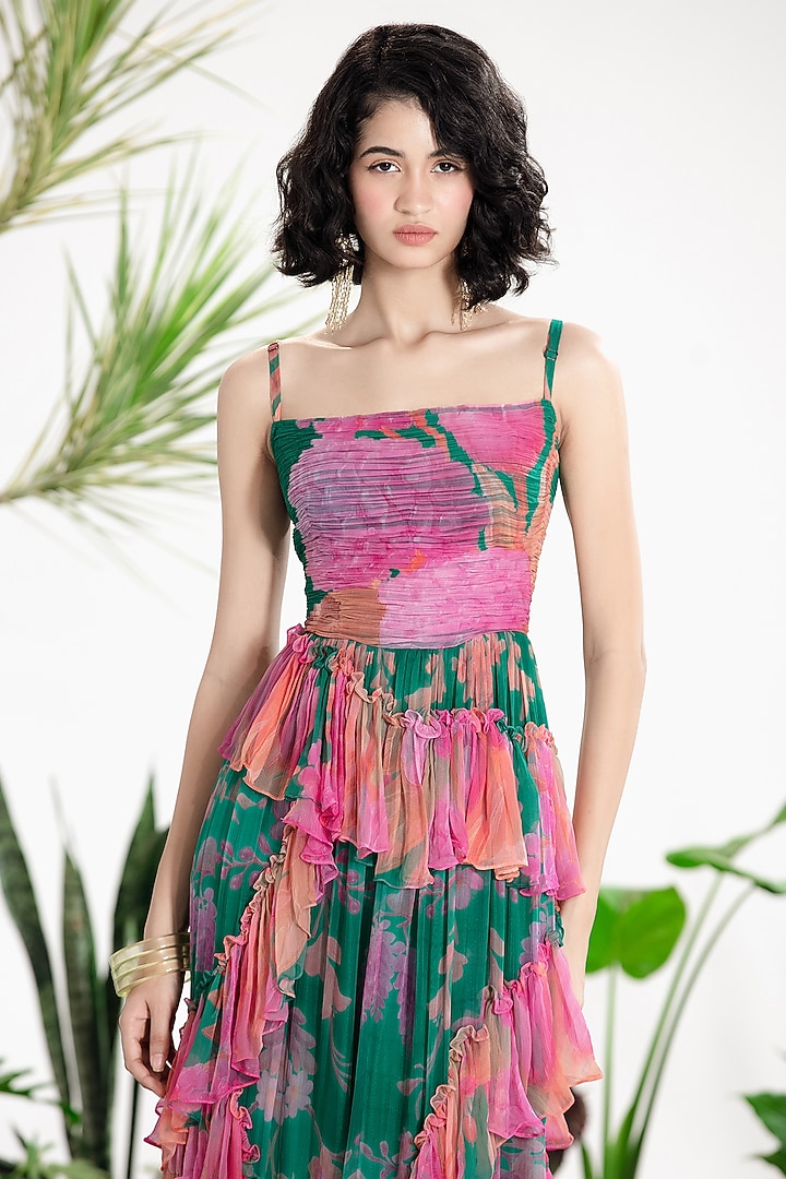 Teal Green Chiffon Floral Printed Ruffled Maxi Vacation Dress by SIDDHARTHA BANSAL at Pernia's Pop Up Shop