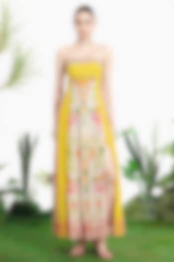 Tiffany Yellow Pure Crepe Floral Printed Strapless Vacation Dress by SIDDHARTHA BANSAL at Pernia's Pop Up Shop