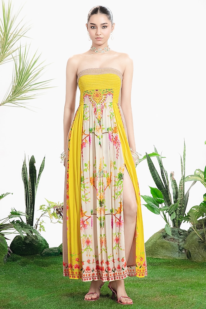 Tiffany Yellow Pure Crepe Floral Printed Strapless Vacation Dress by SIDDHARTHA BANSAL at Pernia's Pop Up Shop