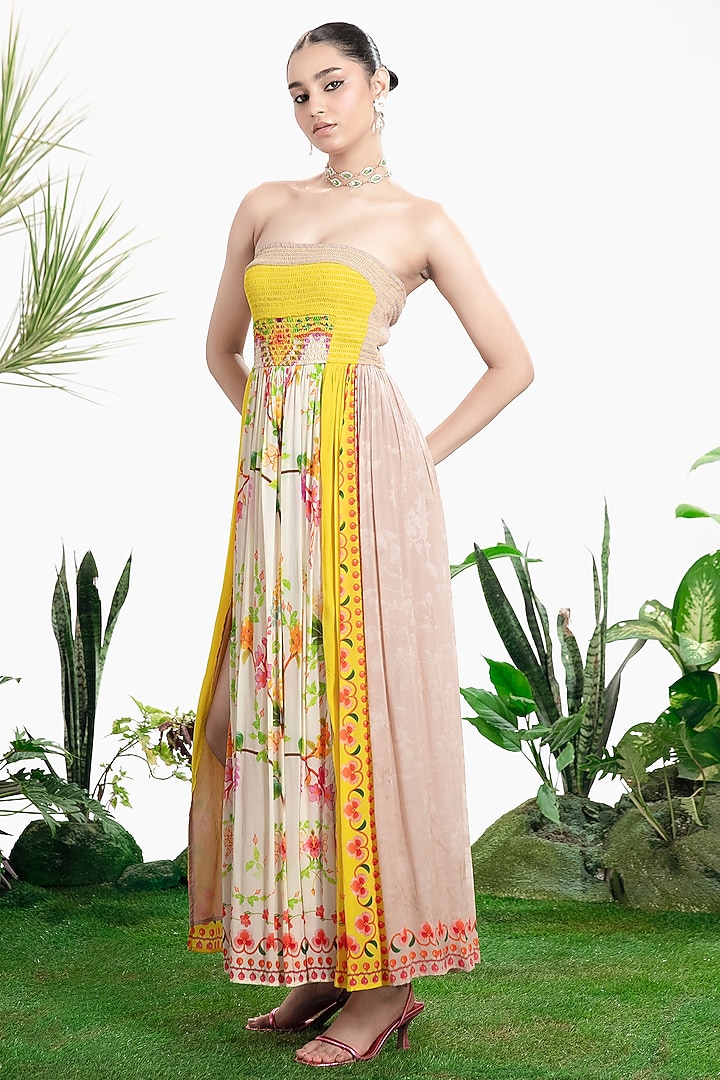 Tiffany Yellow Pure Crepe Floral Printed Strapless Vacation Dress by SIDDHARTHA BANSAL at Pernia's Pop Up Shop