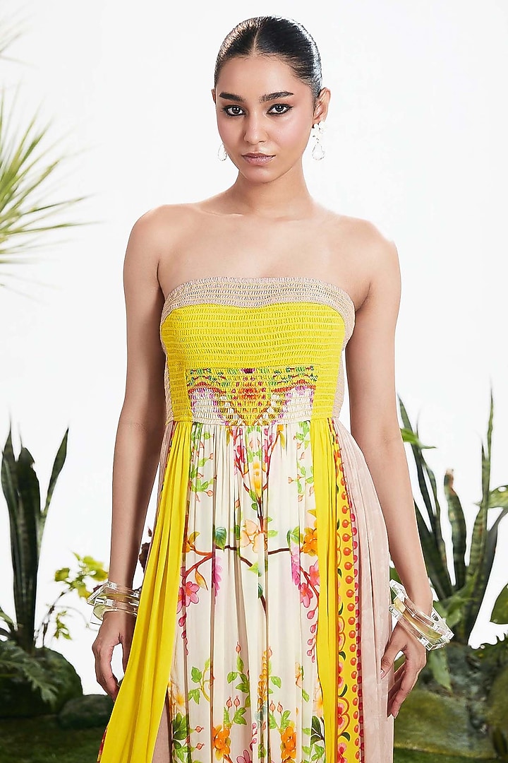 Tiffany Yellow Pure Crepe Floral Printed Strapless Vacation Dress by SIDDHARTHA BANSAL at Pernia's Pop Up Shop