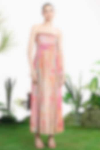 Cherry Pink Crepe Floral Printed Strapless Vacation Dress by SIDDHARTHA BANSAL at Pernia's Pop Up Shop