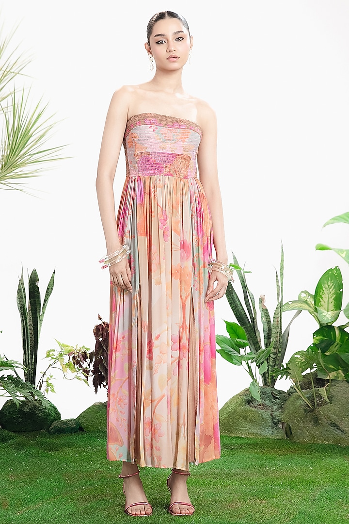 Cherry Pink Crepe Floral Printed Strapless Vacation Dress by SIDDHARTHA BANSAL at Pernia's Pop Up Shop