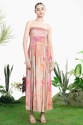 Cherry Pink Crepe Floral Printed Strapless Dress by SIDDHARTHA BANSAL