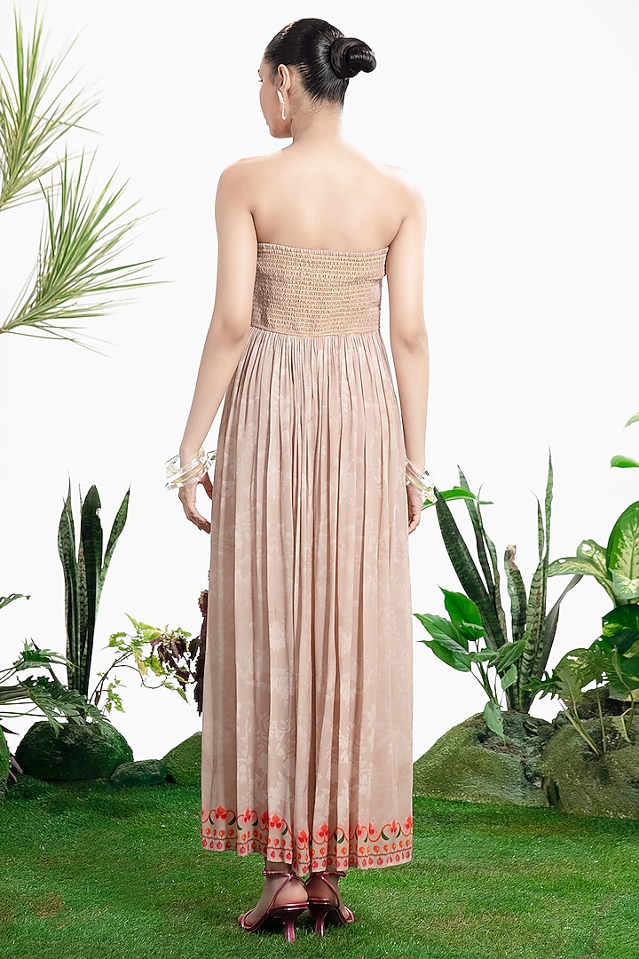 Cherry Pink Crepe Floral Printed Strapless Vacation Dress by SIDDHARTHA BANSAL at Pernia's Pop Up Shop