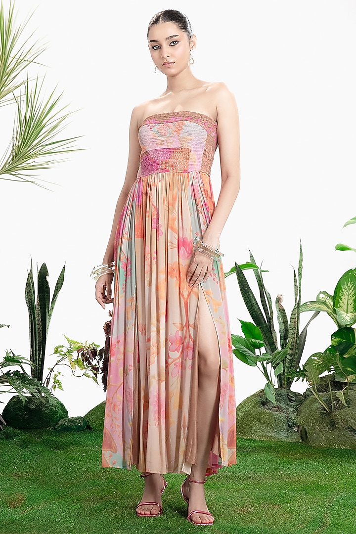 Cherry Pink Crepe Floral Printed Strapless Vacation Dress by SIDDHARTHA BANSAL at Pernia's Pop Up Shop