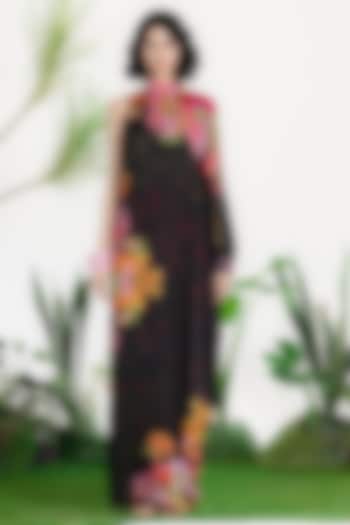 Black Bamberg Satin Printed One-Shoulder Kaftan Vacation Dress by SIDDHARTHA BANSAL at Pernia's Pop Up Shop