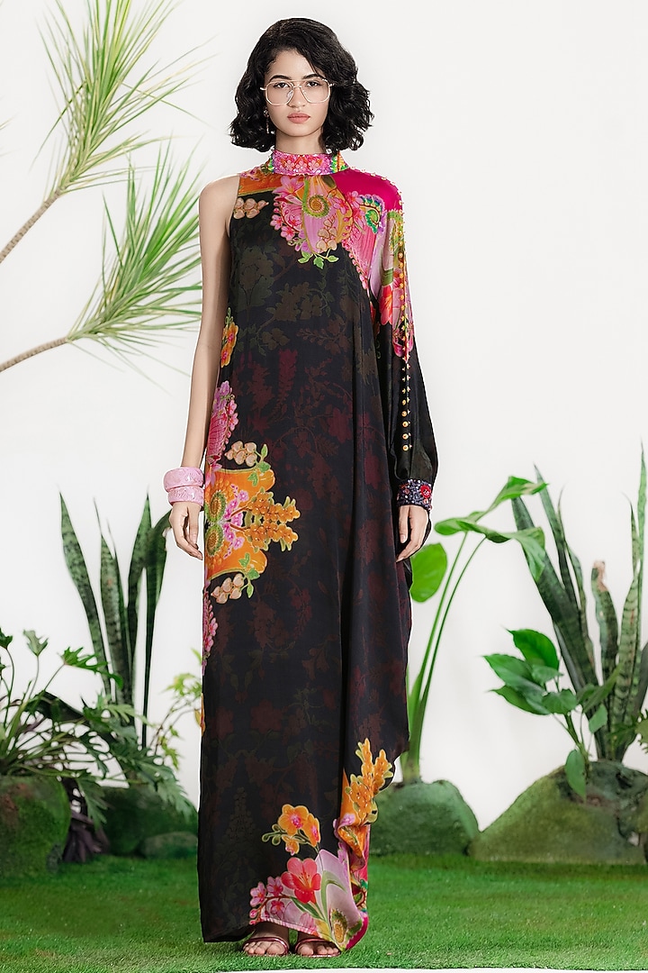Black Bamberg Satin Printed One-Shoulder Kaftan Vacation Dress by SIDDHARTHA BANSAL at Pernia's Pop Up Shop