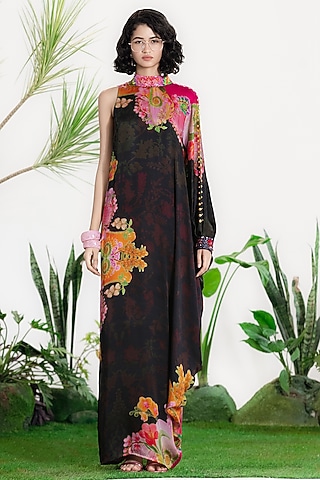 Black Bamberg Satin Printed One-Shoulder Kaftan Dress by SIDDHARTHA BANSAL