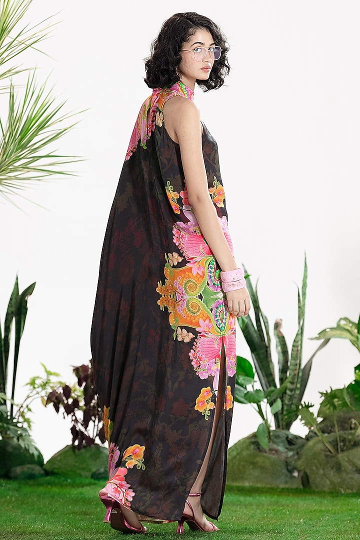 Black Bamberg Satin Printed One-Shoulder Kaftan Vacation Dress by SIDDHARTHA BANSAL at Pernia's Pop Up Shop