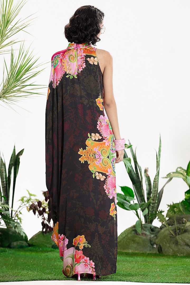 Black Bamberg Satin Printed One-Shoulder Kaftan Vacation Dress by SIDDHARTHA BANSAL at Pernia's Pop Up Shop