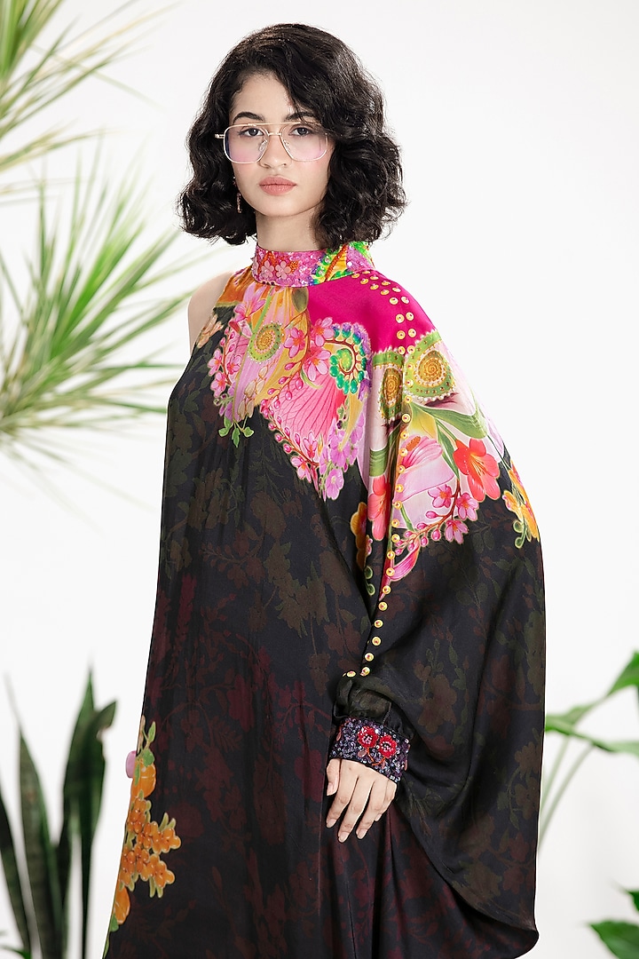 Black Bamberg Satin Printed One-Shoulder Kaftan Vacation Dress by SIDDHARTHA BANSAL at Pernia's Pop Up Shop