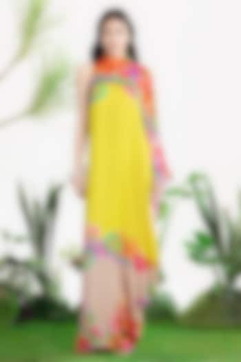 Yellow Bamberg Satin Printed One-Shoulder Kaftan Vacation Dress by SIDDHARTHA BANSAL at Pernia's Pop Up Shop
